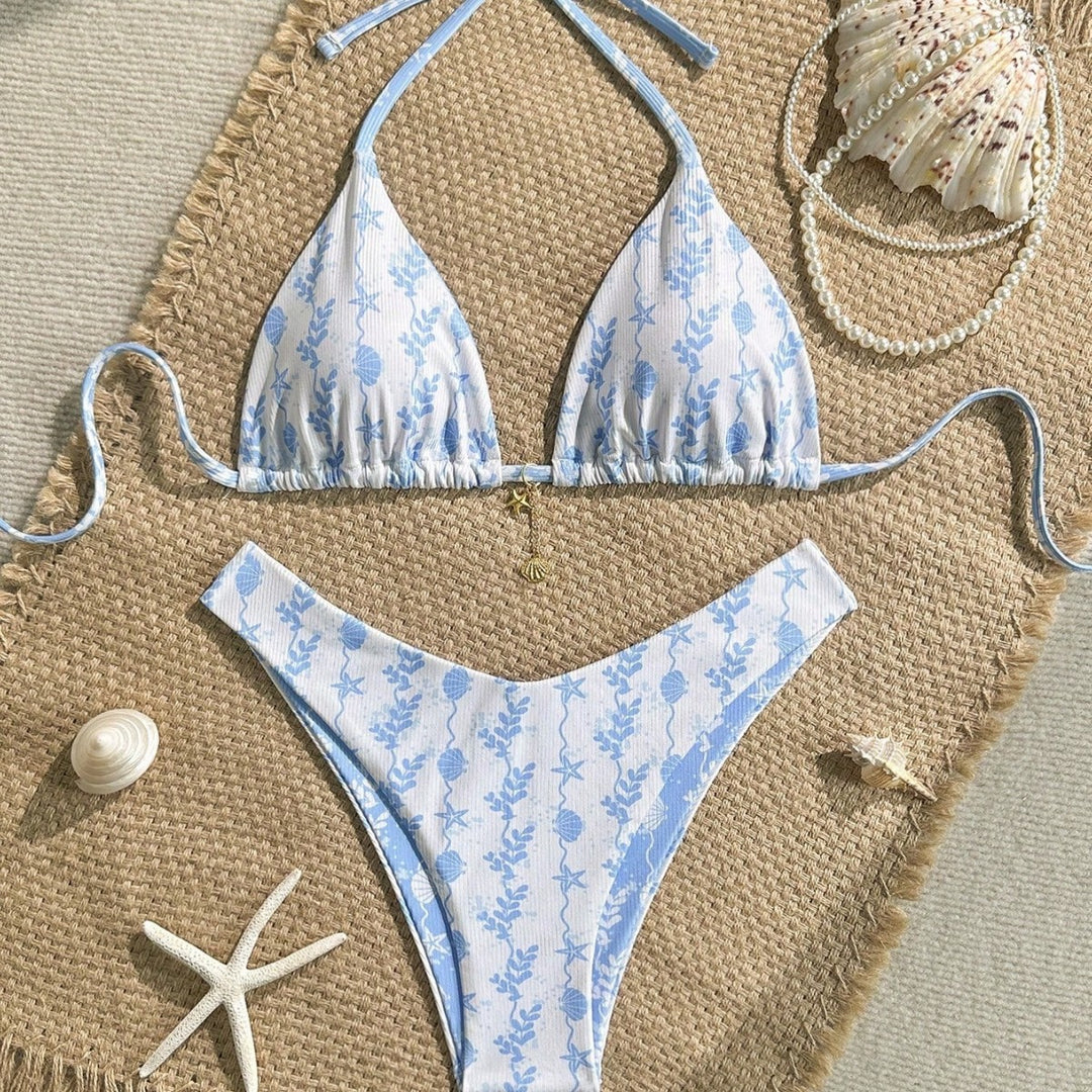 Women Triangle Bikini with Maritime Pattern and Adjustable Ties Mune Fashion