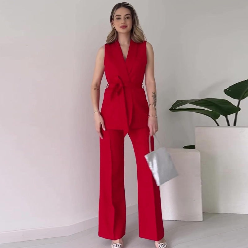 Women's Sleeveless Blazer Set with Tailored Tie Belt and High-Waist Flared Pants Mune Fashion