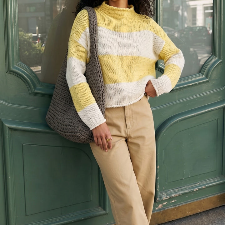 Women's Chunky Knit Cropped Sweater with Stand-Up Collar and Dropped Sleeves Mune Fashion