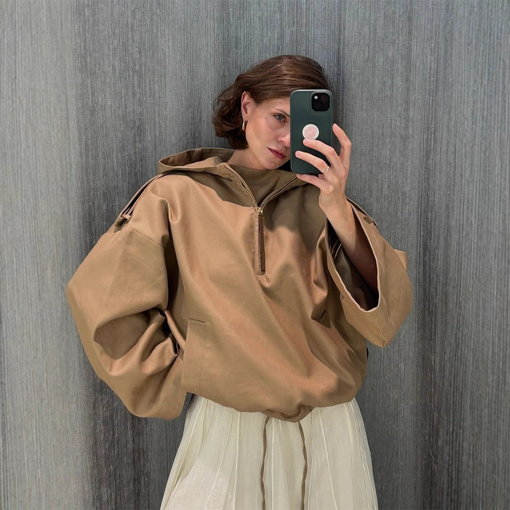 Women’s Oversized Hoodie with Half Zipper, Balloon Sleeves & Drawstring Mune Fashion