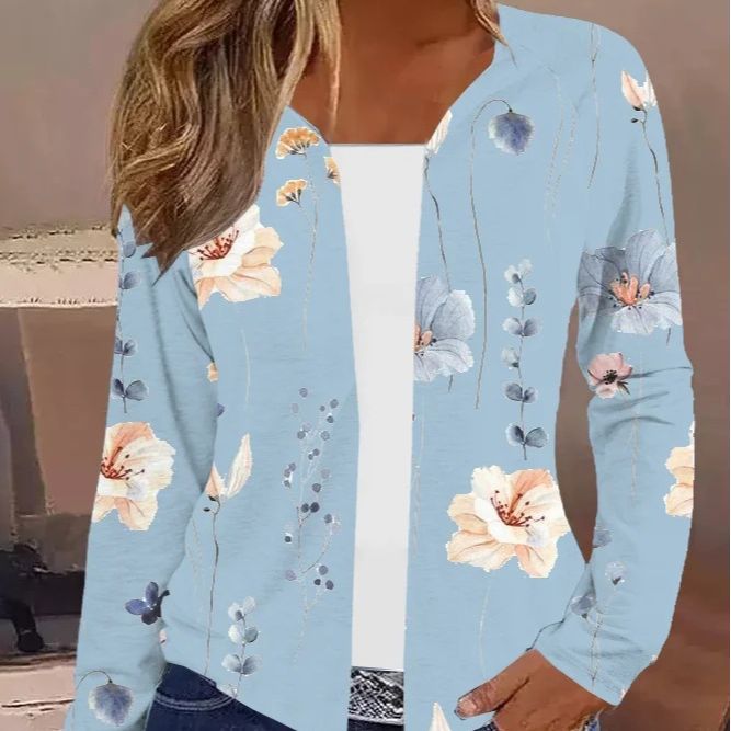 Ladies Lightweight Open Knit Cardigan with Floral Watercolor Print and Casual Fall Mune Fashion