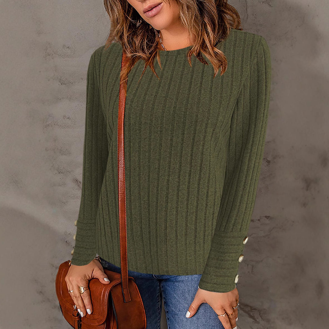 Women Ribbed Fine Knit Sweater with Round Neck and Mother of Pearl Button Cuffs Mune Fashion