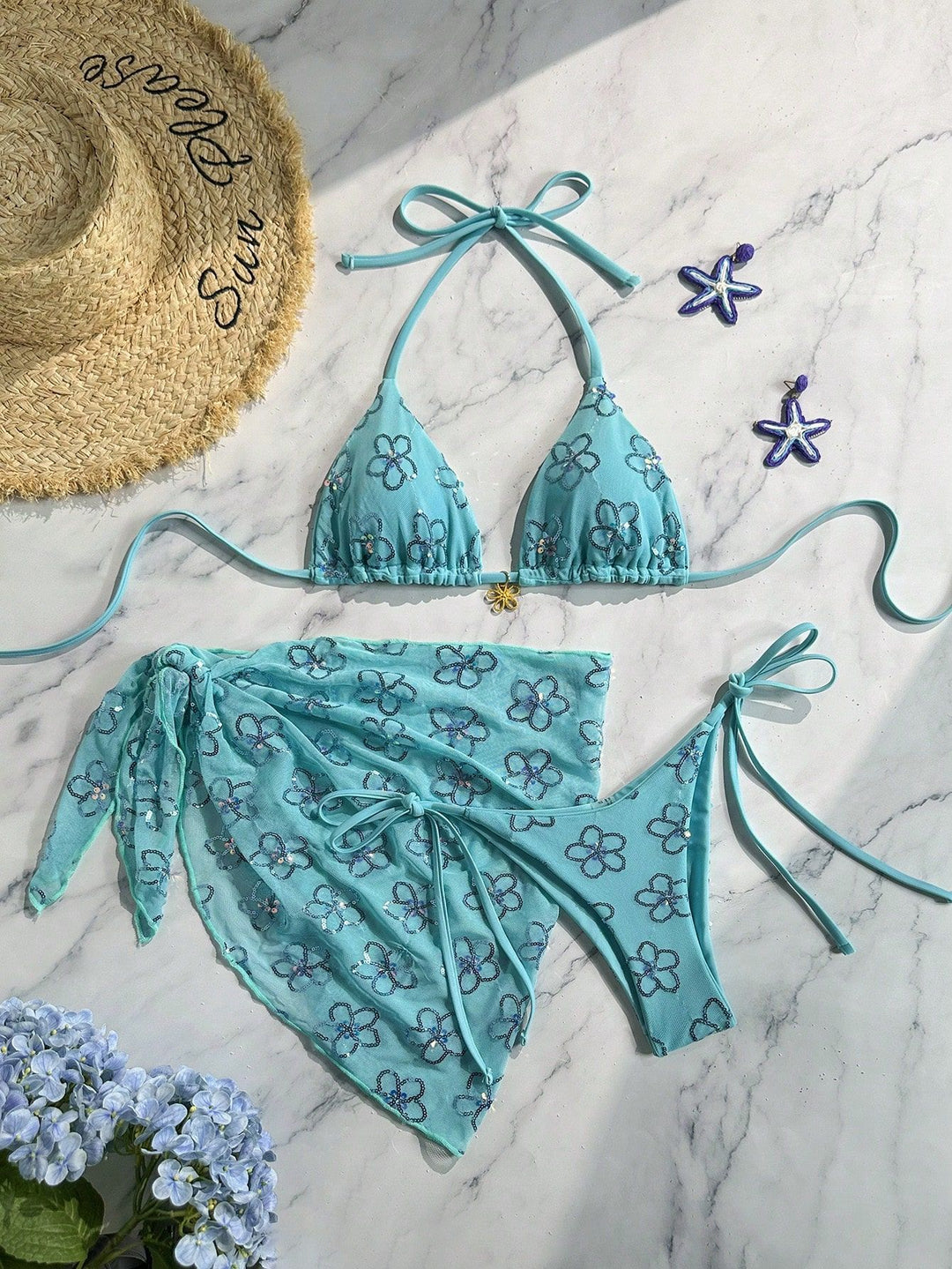 Ladies flower-embellished bikini with colorful over-skirt Mune Fashion