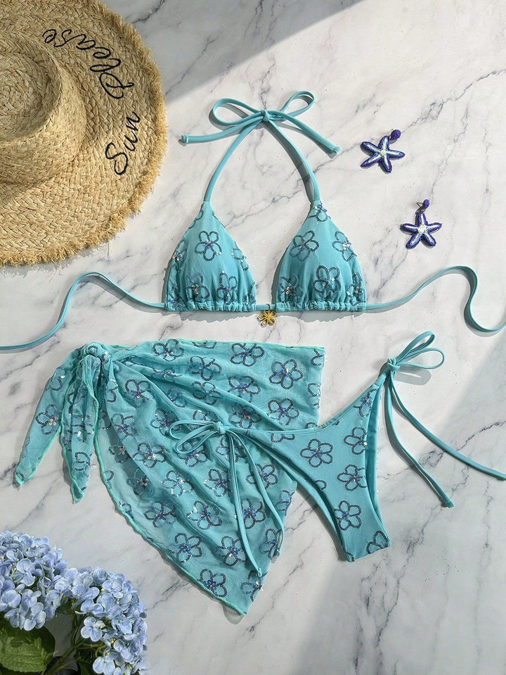 Ladies flower-embellished bikini with colorful over-skirt Mune Fashion