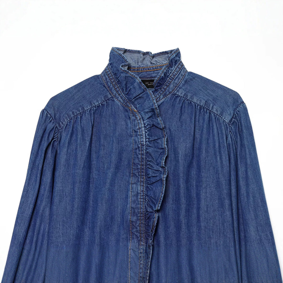 Women's Soft Denim Tunic with Ruffle Trim, Stand Collar, and Balloon Sleeves Drune