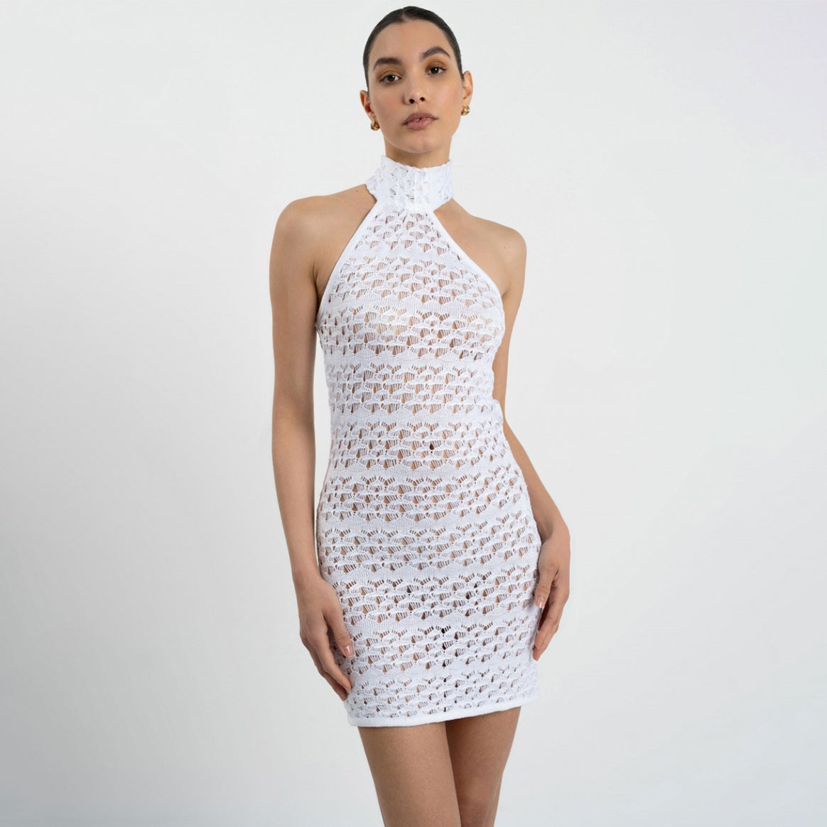 Women's Crochet Mini Dress with High Collar Mune Fashion