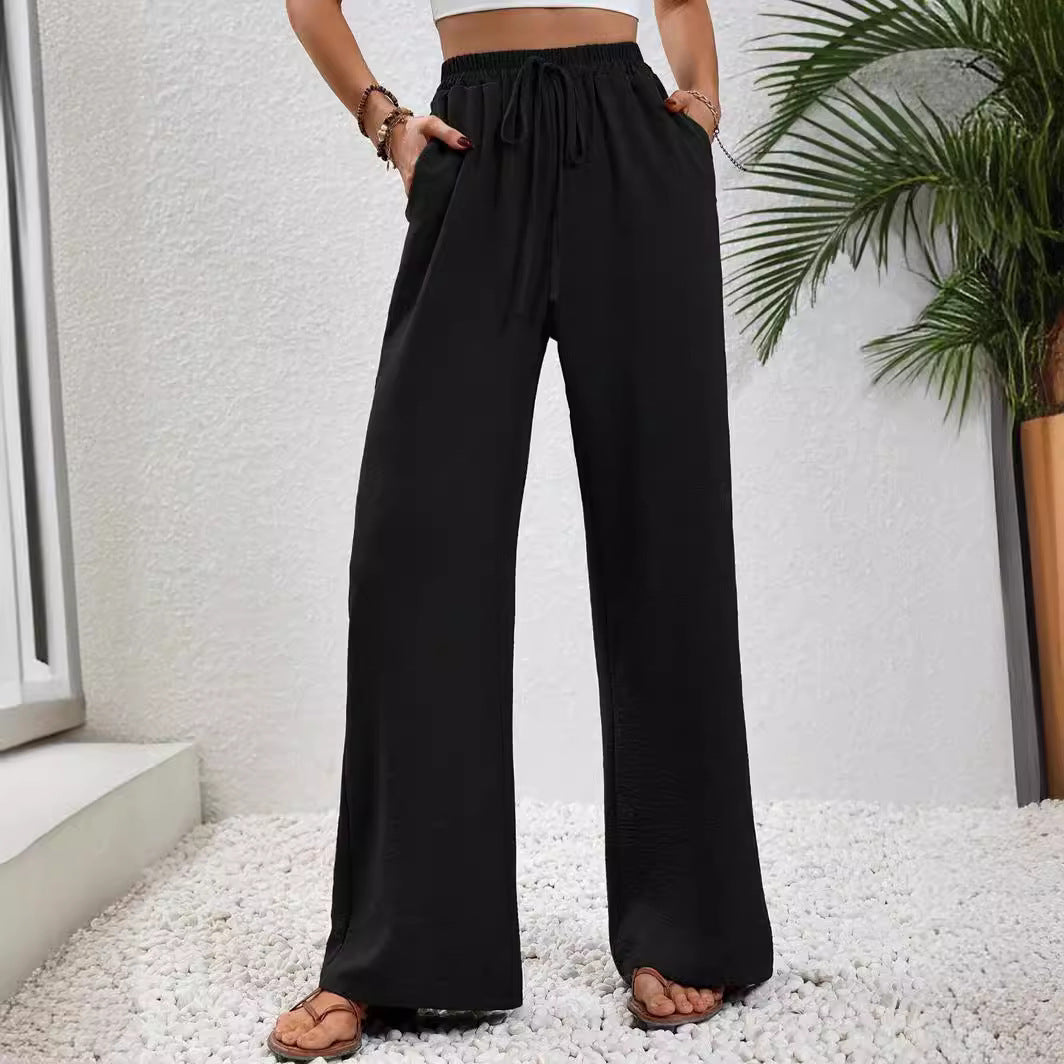 Women Wide Palazzo Pants with High Elastic Waistband, Drawstring and Side Pockets Mune Fashion