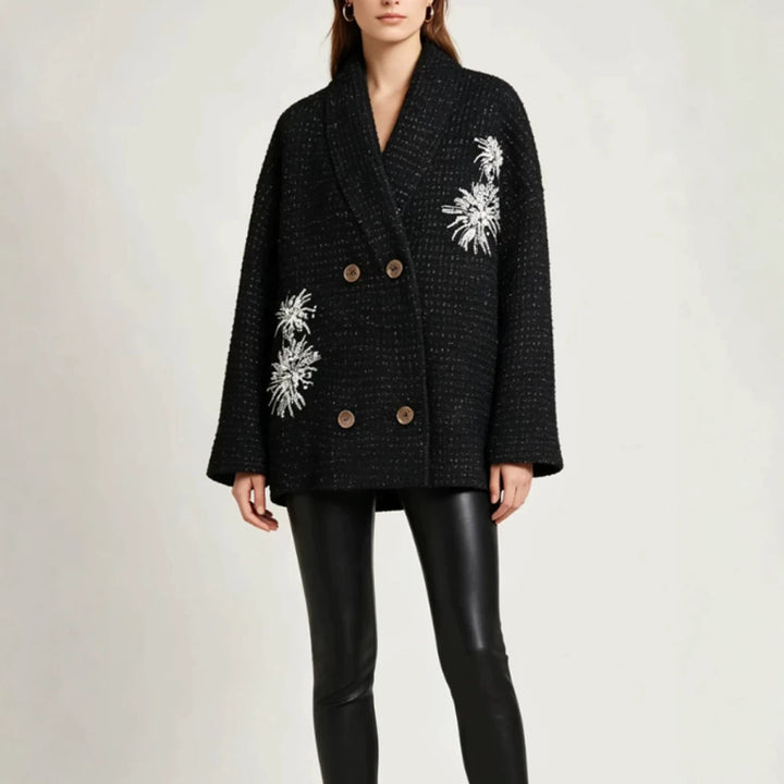 Women's Oversized Boucle Coat Jacket with Shawl Collar and Floral Embroidery Mune Fashion