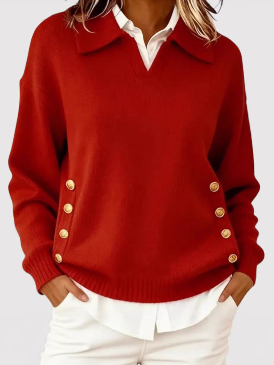 Women's Stylish Knitted Sweater with Collar and Button Details
