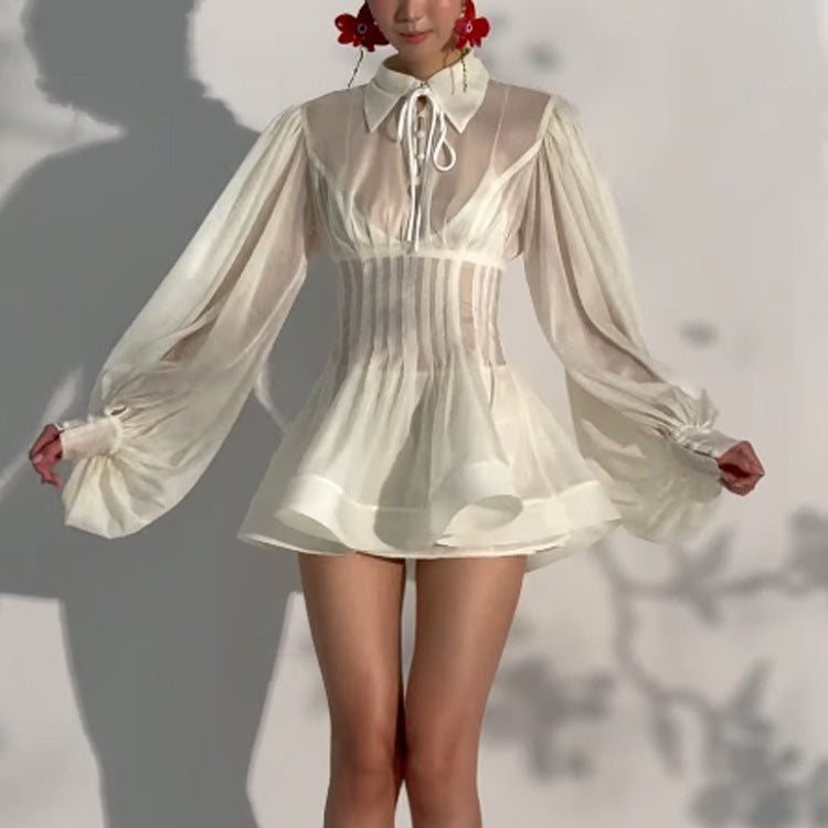 Ladies Transparent Chiffon Mini Dress with Corset Look, Puff Sleeves and Flared Skirt Mune Fashion