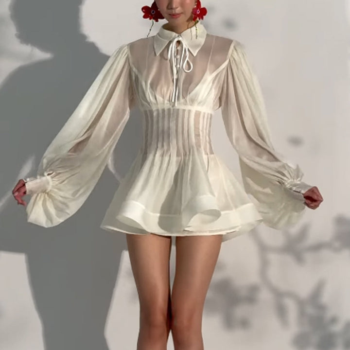 Ladies Transparent Chiffon Mini Dress with Corset Look, Puff Sleeves and Flared Skirt Mune Fashion
