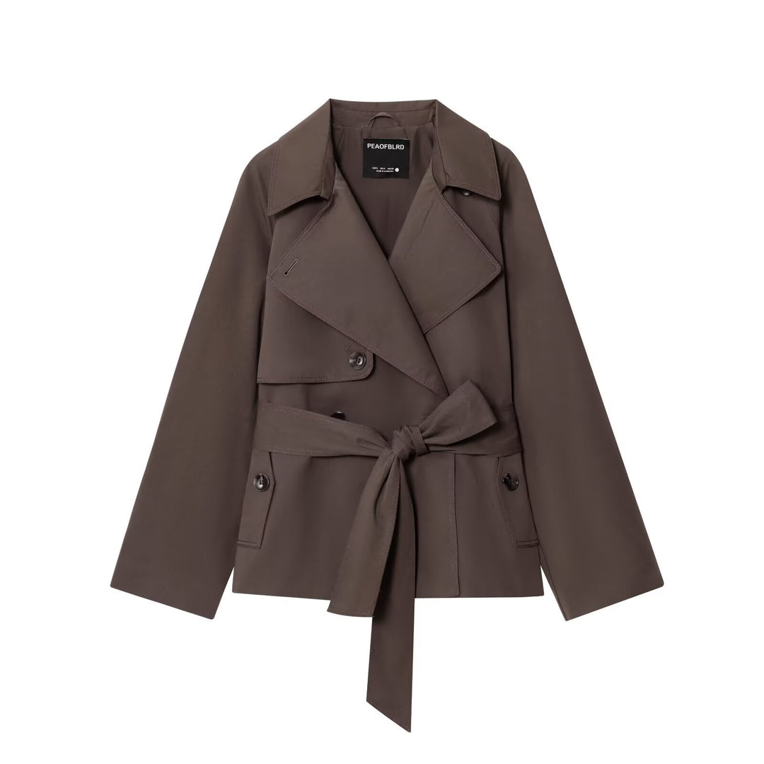 Women Cropped Waist Belt Trench Coat with Wide Lapels and Flap Pockets Mune Fashion