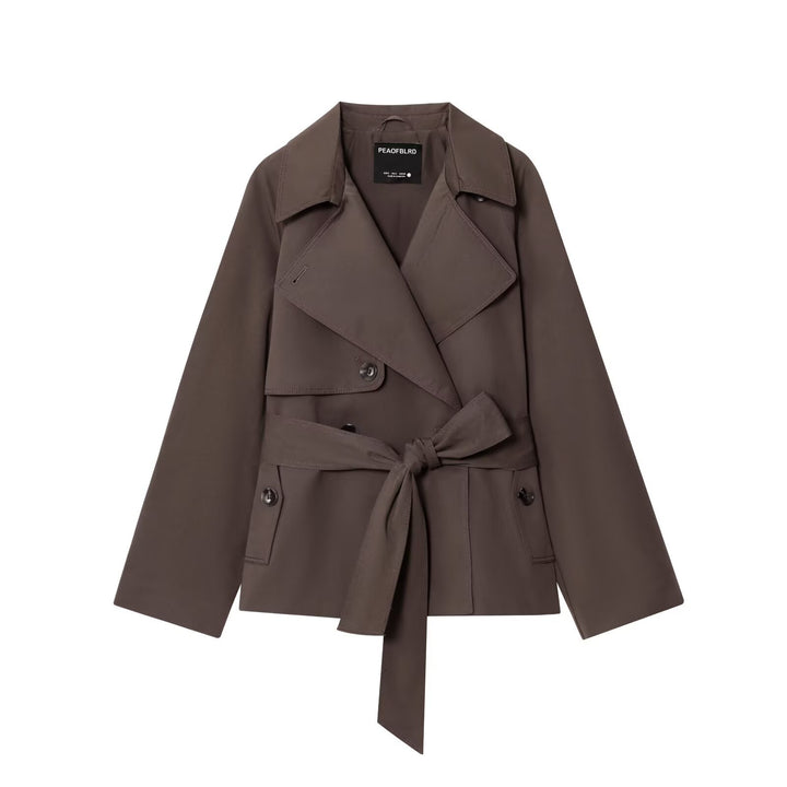Women Cropped Waist Belt Trench Coat with Wide Lapels and Flap Pockets Mune Fashion