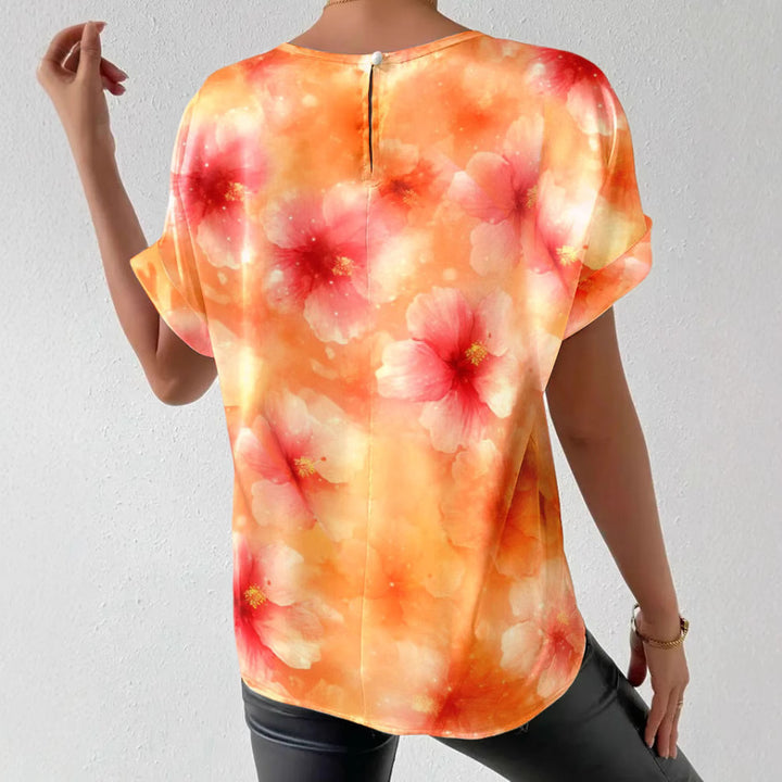 Women's loose short blouse shirt in silky look with watercolor flower print and rolled-up sleeves Mune Fashion