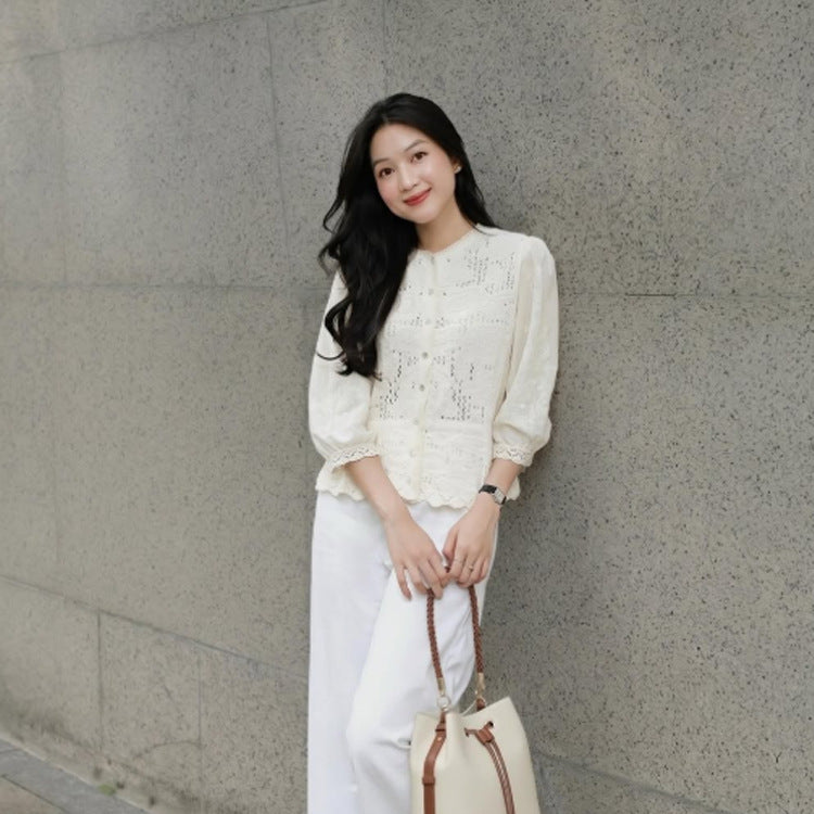 Women's Romantic Crochet Blouse with Continuous Button Placket, V-Neck and Three-Quarter Balloon Sleeves Mune Fashion