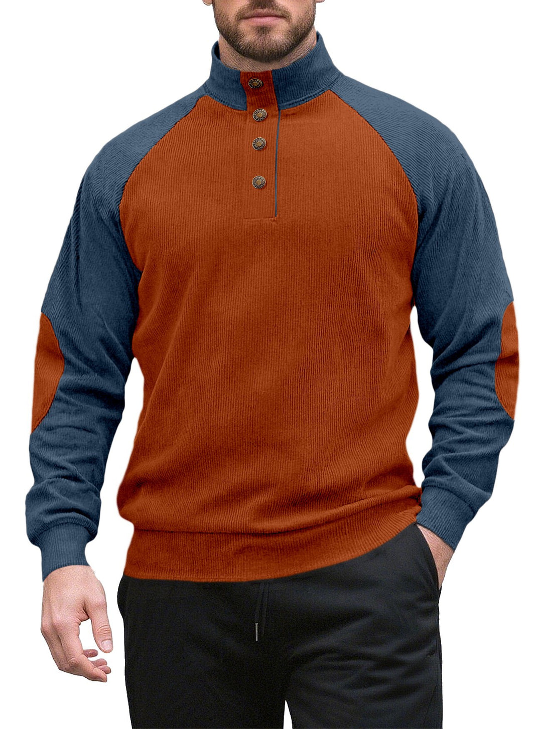 Men's two-tone ribbed troyer with asymmetrical button placket and velour elbow patches Mune Fashion