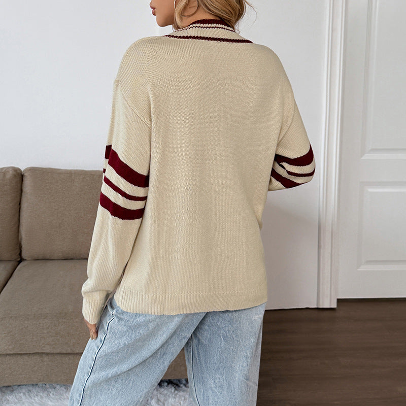 Women's Oversize V-Neck Knit Sweater with One-Shoulder, Contrast Stripes and Ribbed Cuffs Mune Fashion