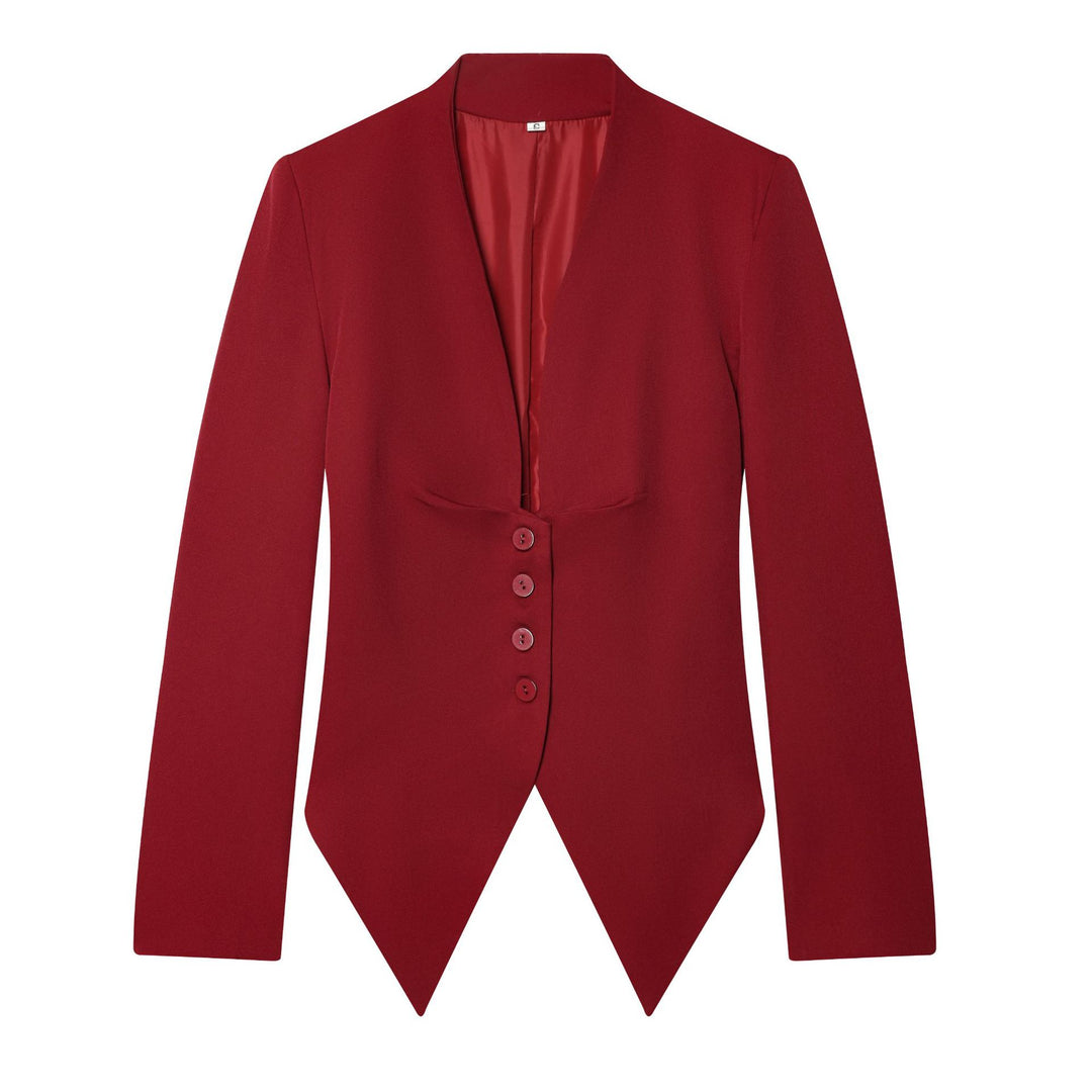 Women's tailored blazer with shawl collar, fitted button placket, and pointed asymmetrical hem Mune Fashion