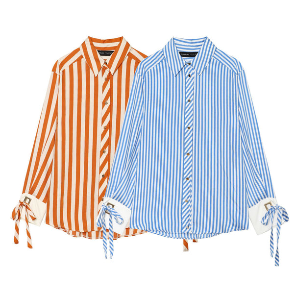 Women's oversized shirt blouse with Kent collar, continuous button placket, distinctive cuffs with lace detail and fine striped pattern Mune Fashion