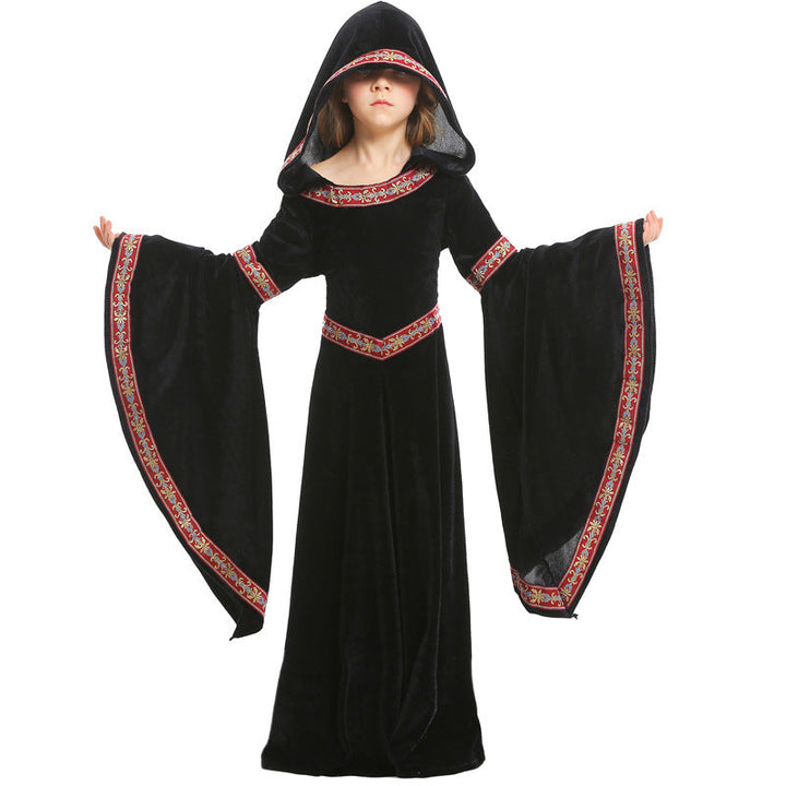 Ladies Elegant Sorceress Costume with Flared Sleeves and Playful Hooded Collar Mune Fashion
