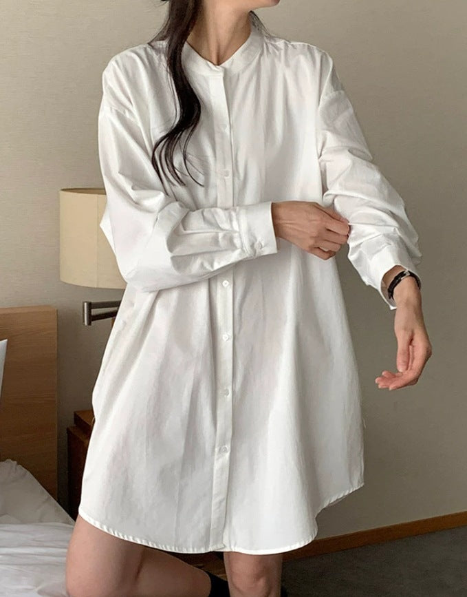 Women's Wide Cotton Shirt Dress with Stand Collar, Oversized Cut and Rounded Hem Mune Fashion