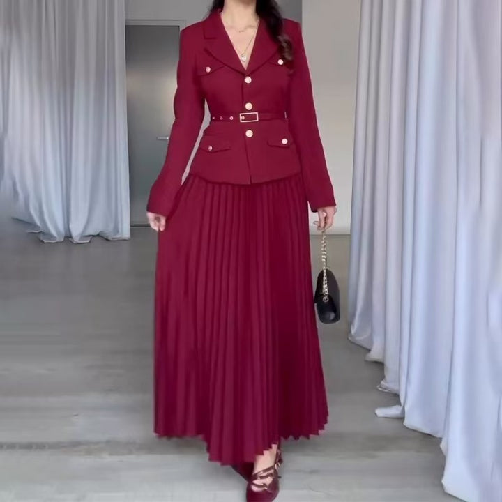 Women's Tailored Blazer with Belt and Pleated Maxi Skirt Set Mune Fashion