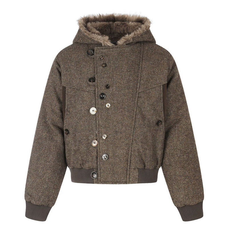 Women's hooded bomber jacket with faux fur lining, asymmetrical multi-button placket, and ribbed hem Mune Fashion