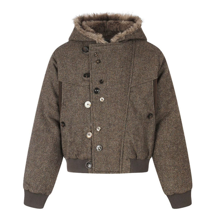 Women's hooded bomber jacket with faux fur lining, asymmetrical multi-button placket, and ribbed hem Mune Fashion