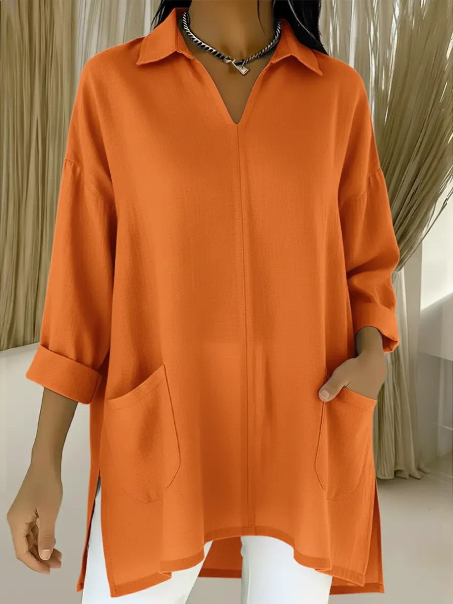 Women Oversized Tunic with Shirt Collar, V-Neck and Patch Pockets Mune Fashion