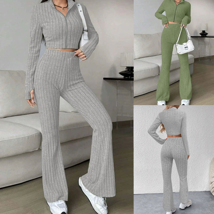 Women's Ribbed Knit Two-Piece with Cropped Zip Cardigan and High-Waist Flared Trousers Mune Fashion