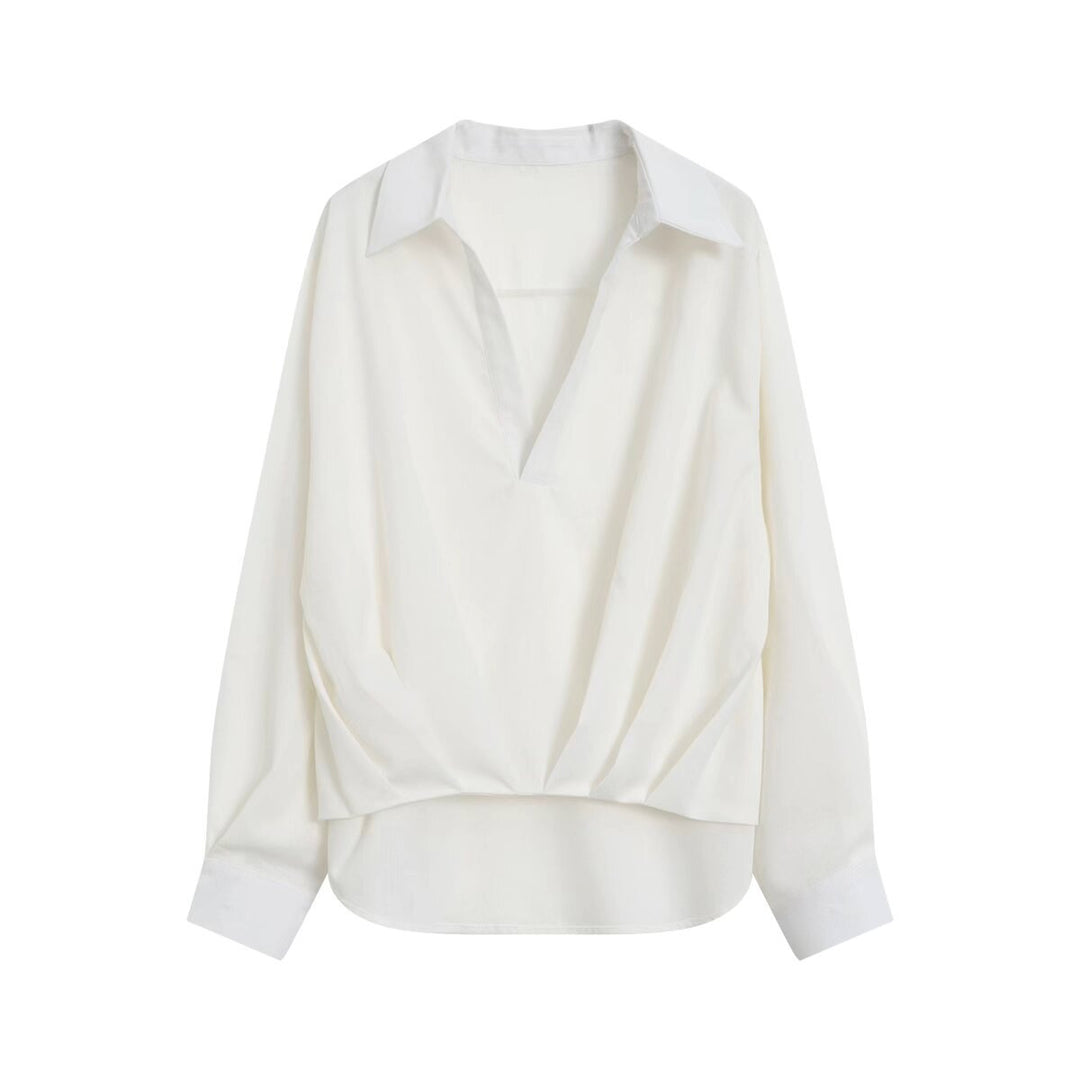 Women's Oversize Linen Look Blouse with Deep V-Neck, Shirt Collar and Gathered Front Mune Fashion