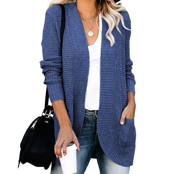 Women Long Open Knit Cardigan with Pockets, Ribbed Cuffs and Structured Waffle Look Mune Fashion