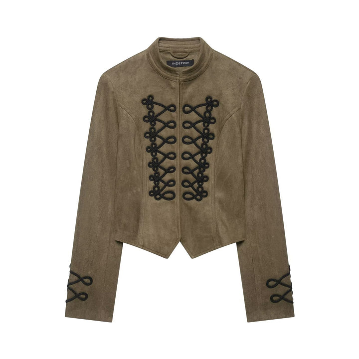Women's Cropped Velvet Jacket with Military Decorative Cord and Tailored Cut Mune Fashion