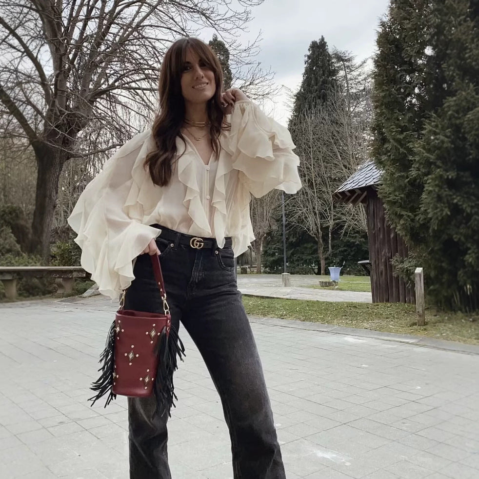Women Transparent Ruffle Chiffon Blouse with Full Button Placket and Voluminous Balloon Sleeves Mune Fashion
