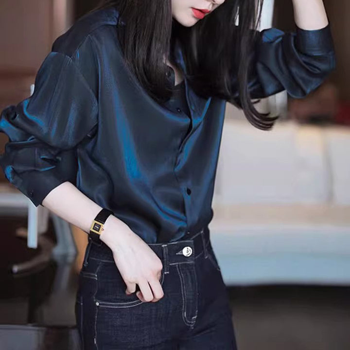 Ladies Elegant Satin Blouse with Stand-Up Collar Drune