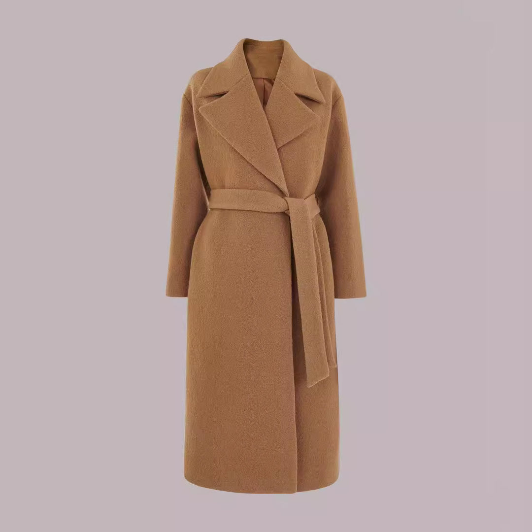 Women's Midi-Length Wool Blend Long Coat with Minimal Shawl Collar and Relaxed Silhouette Mune Fashion