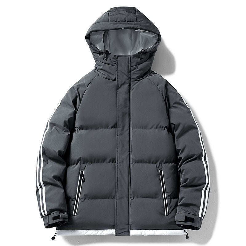 Men's padded hooded winter jacket with thermal lining, contrasting side stripes, and windproof outer shell Mune Fashion