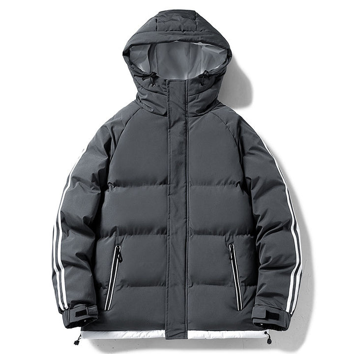 Men's padded hooded winter jacket with thermal lining, contrasting side stripes, and windproof outer shell Mune Fashion