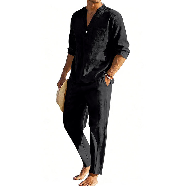 Men's comfortable linen two-piece with stand-up collar shirt and tapered ankle-length pants Mune Fashion