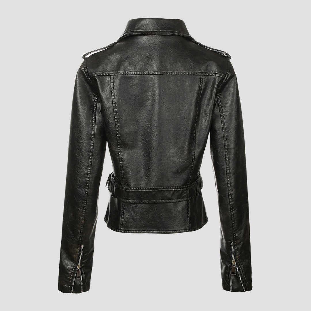 Women's short jacket in biker style made of soft faux leather with asymmetrical zipper and waist belt Mune Fashion