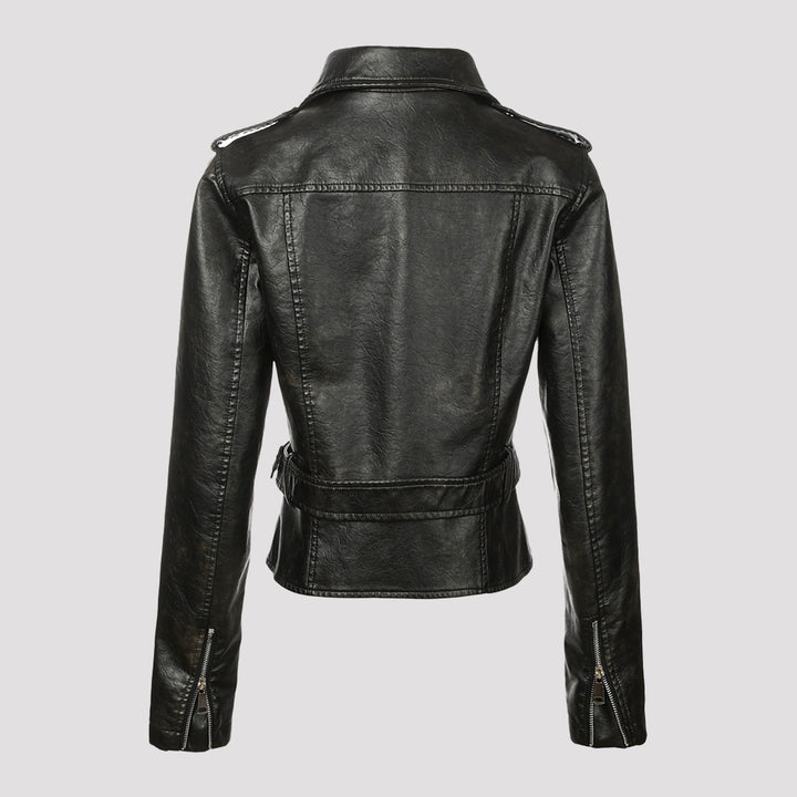 Women's short jacket in biker style made of soft faux leather with asymmetrical zipper and waist belt Mune Fashion