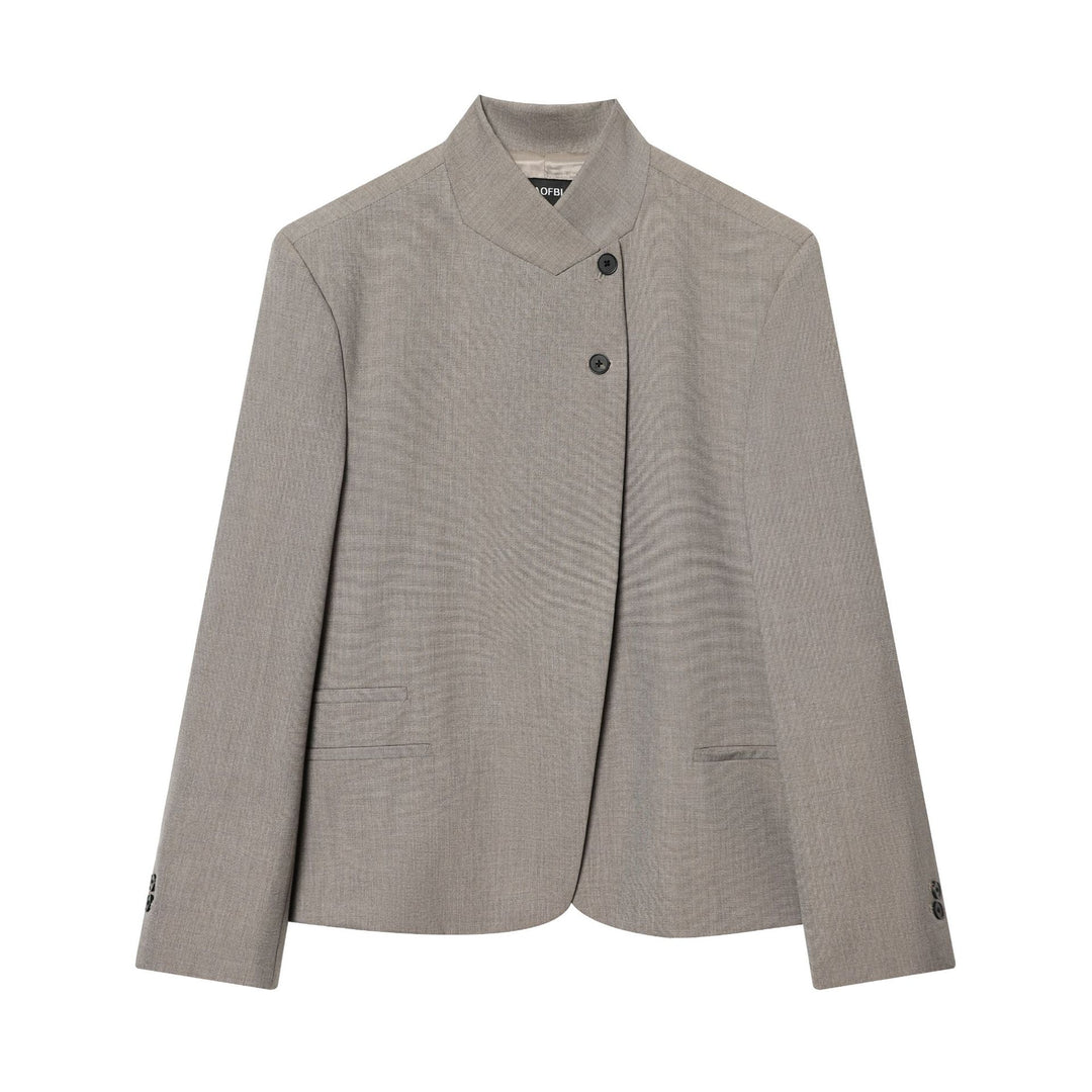Women's Mandarin Collar Blazer with asymmetrical button placket, princess seams, and subtly tailored silhouette Mune Fashion
