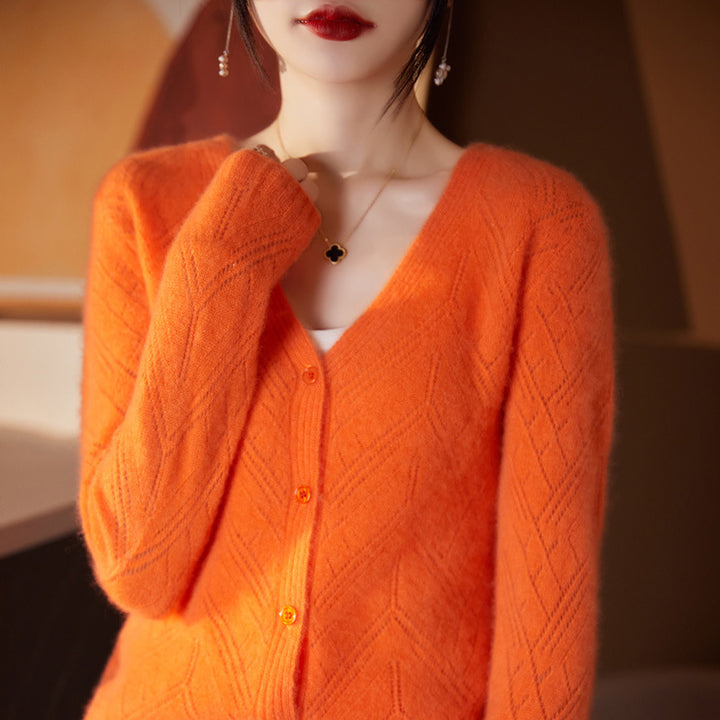 Women's Light Openwork Cardigan with Geometric Hole Structure and Boxy Short Form Mune Fashion