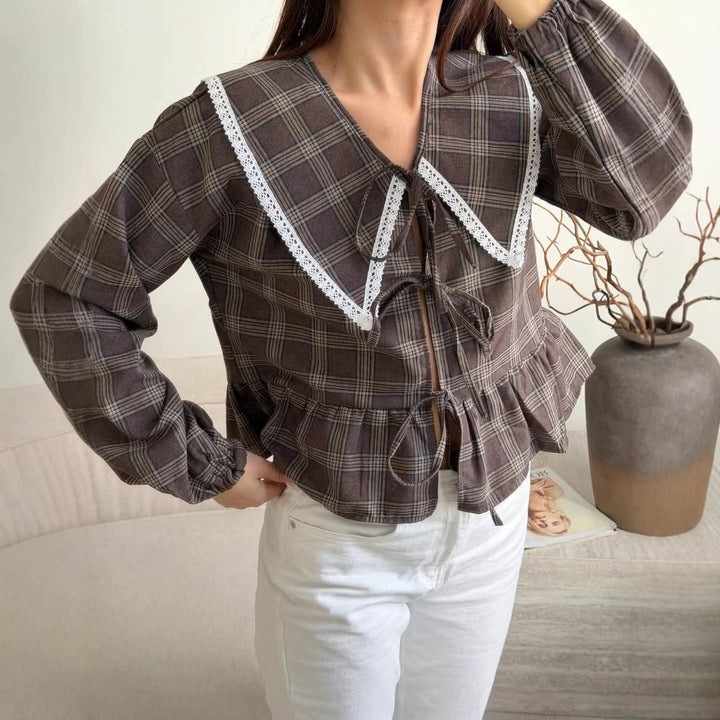 Women's Checked Ruffle Blouse with Oversized Lace Collar and Ties Mune Fashion