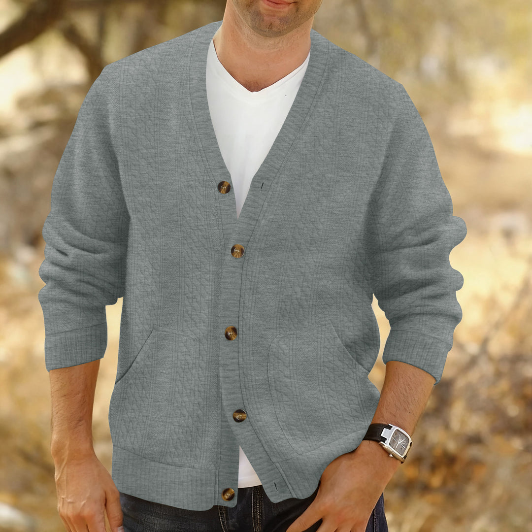 Men's Structured Knit Cardigan with Cable and Waffle Pattern, Button Placket and Patch Pockets Mune Fashion