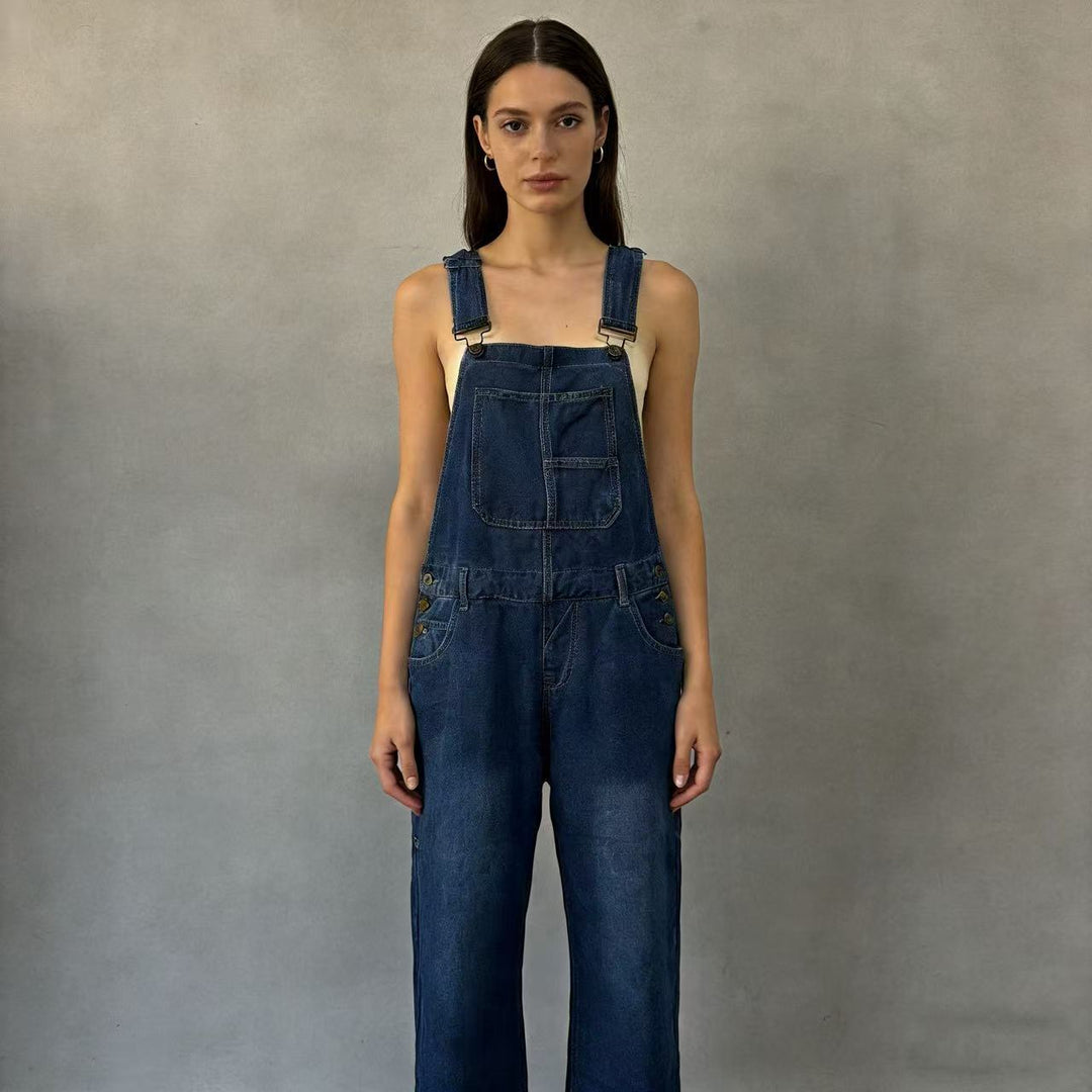 Ladies denim overall with wide leg, adjustable straps and flap pocket Mune Fashion
