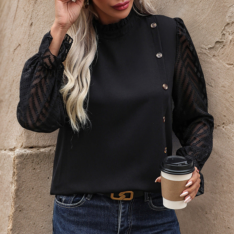 Women's chiffon blouse with stand-up collar, transparent balloon sleeves, and asymmetric button placket Mune Fashion