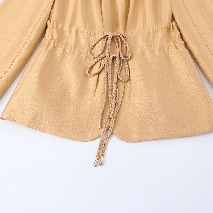 Women Tailored Blazer with Drawstring and Lapel Collar Mune Fashion