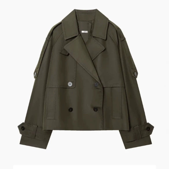 Women 300+ short double-breasted cropped trench coat with epaulettes and adjustable cuffs Mune Fashion