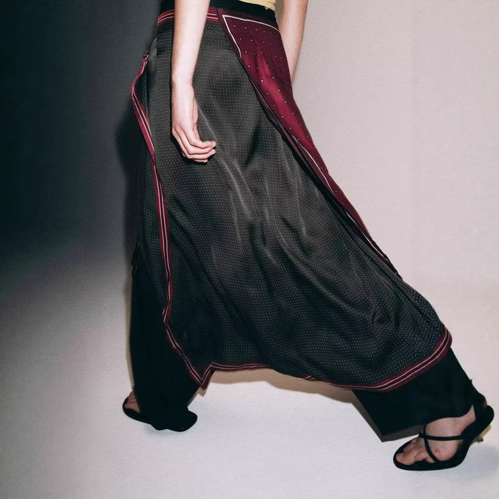Women's satin look wrap skirt with tie belt and mixed print Mune Fashion